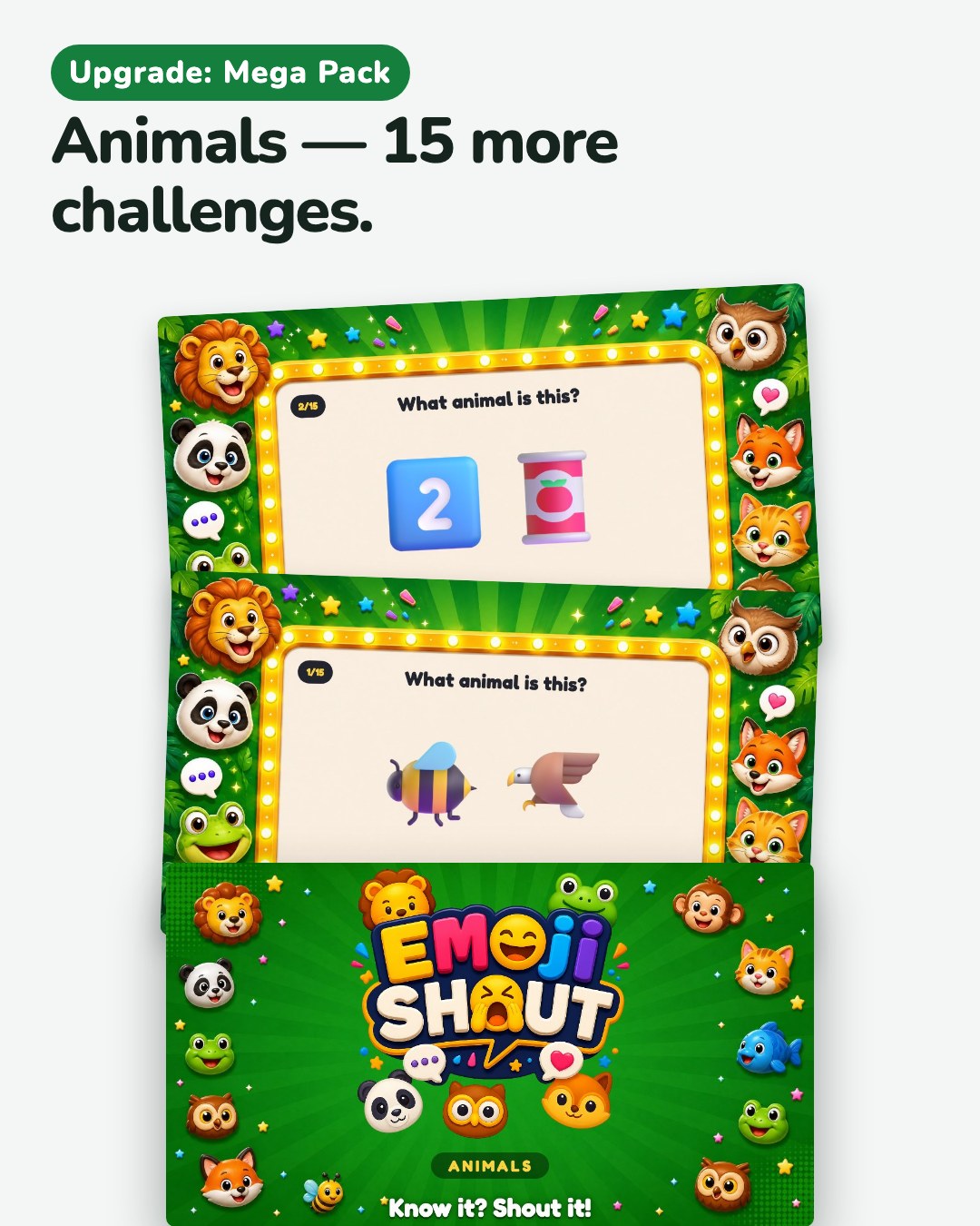 The Animals pack from the Mega Pack: its cover and three of its challenges