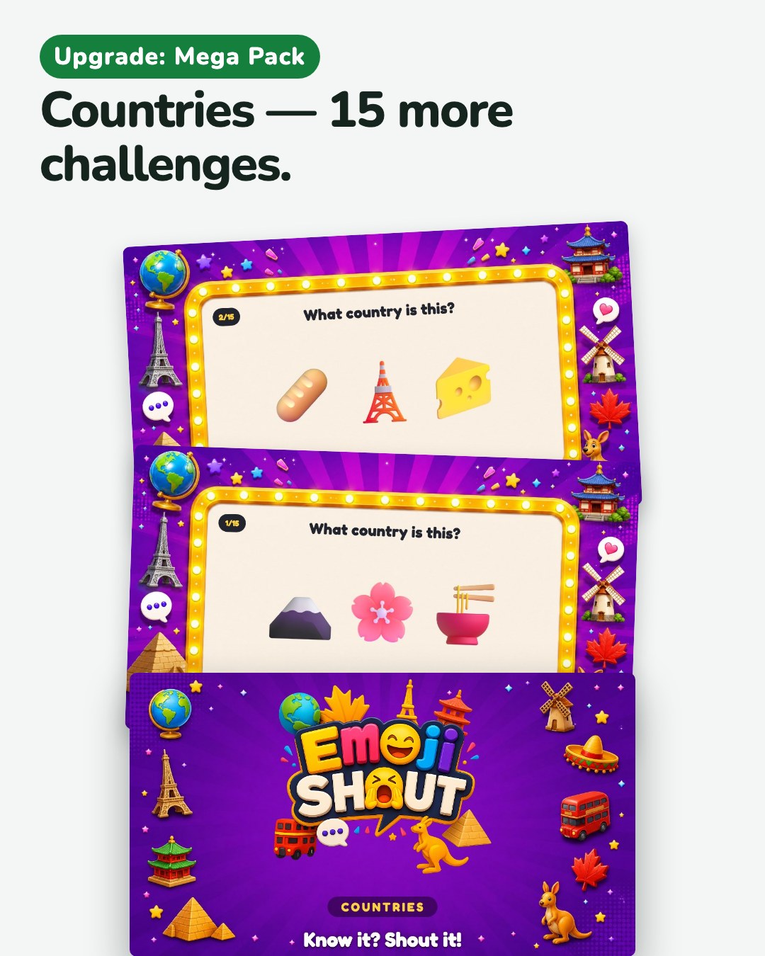 The Countries pack from the Mega Pack: its cover and three of its challenges
