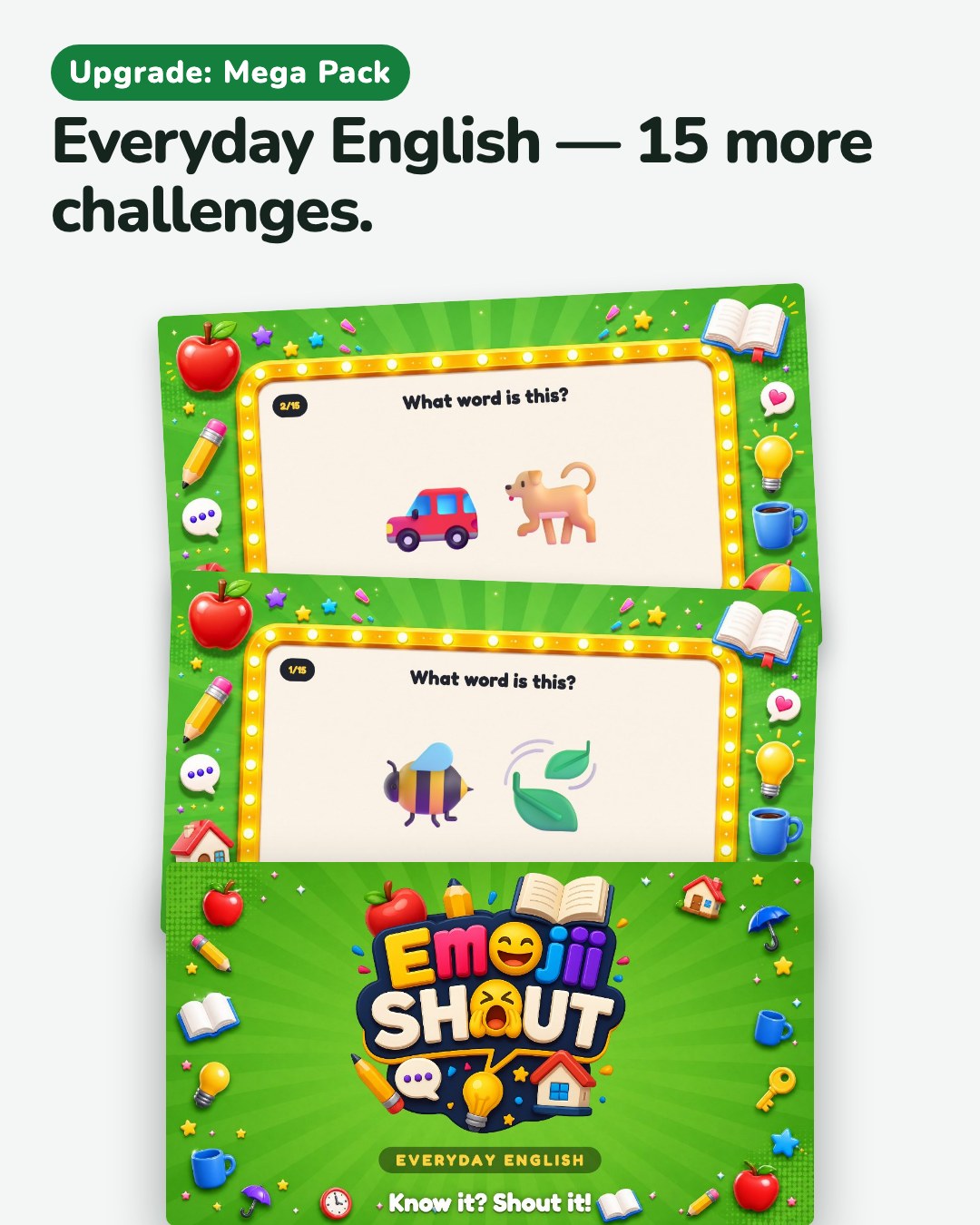 The Everyday English pack from the Mega Pack: its cover and three of its challenges