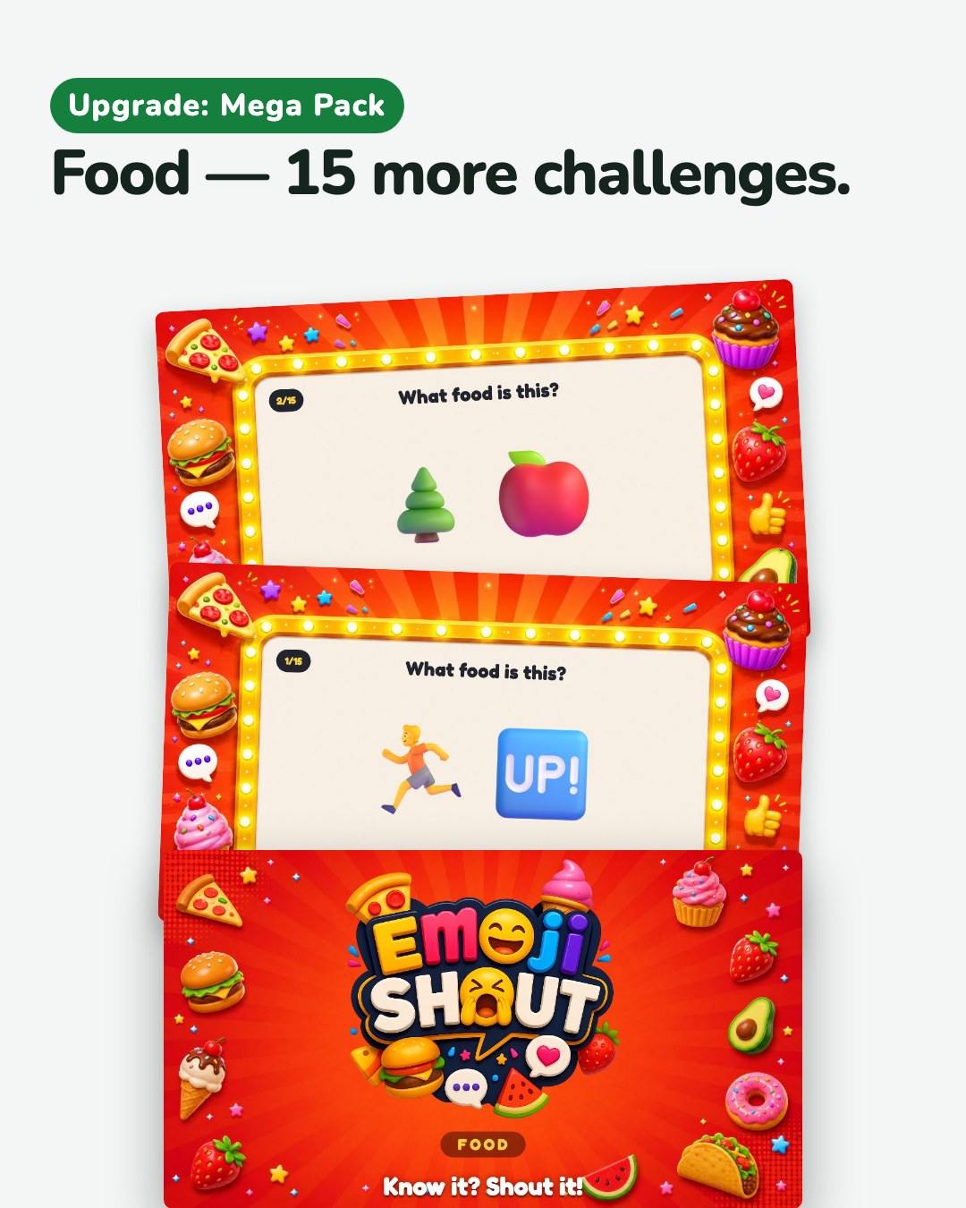 The Food pack from the Mega Pack: its cover and three of its challenges