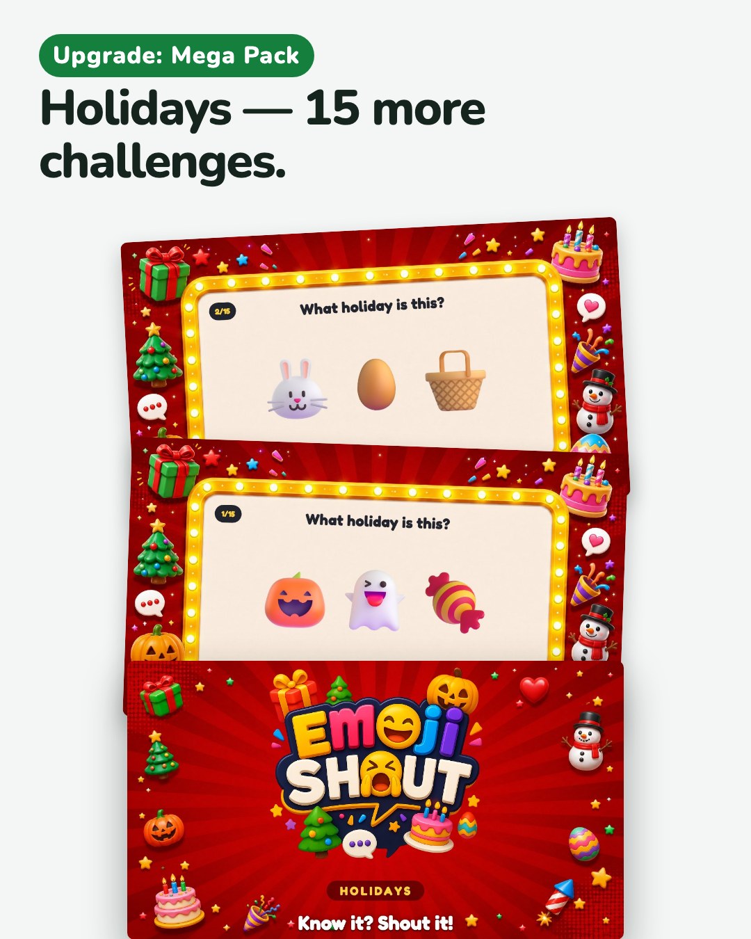 The Holidays pack from the Mega Pack: its cover and three of its challenges