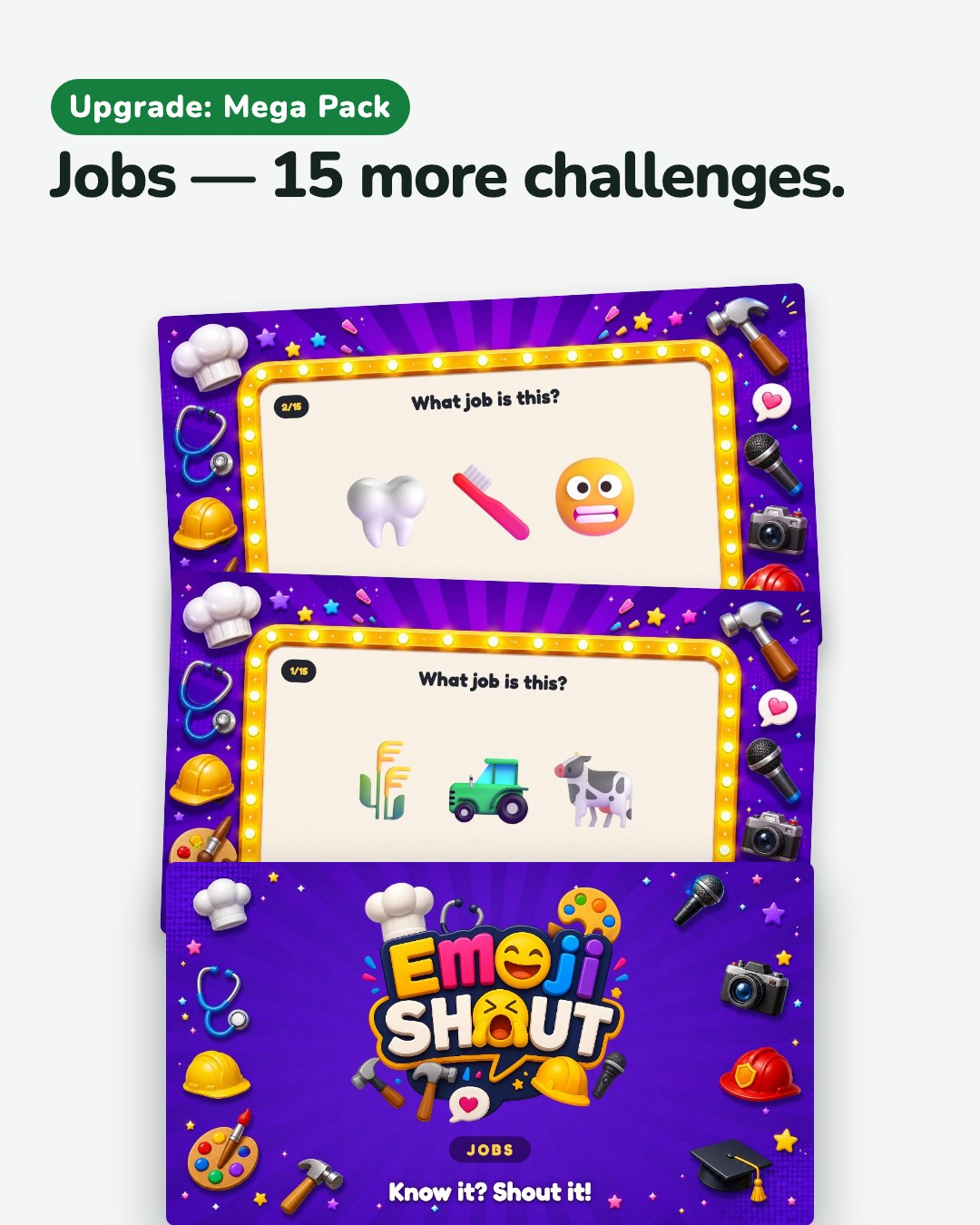 The Jobs pack from the Mega Pack: its cover and three of its challenges