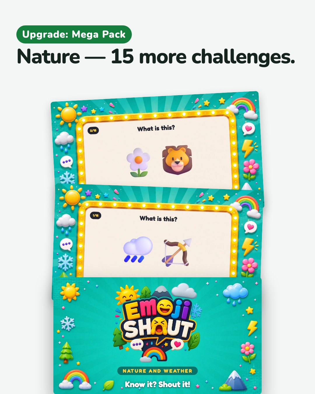 The Nature pack from the Mega Pack: its cover and three of its challenges
