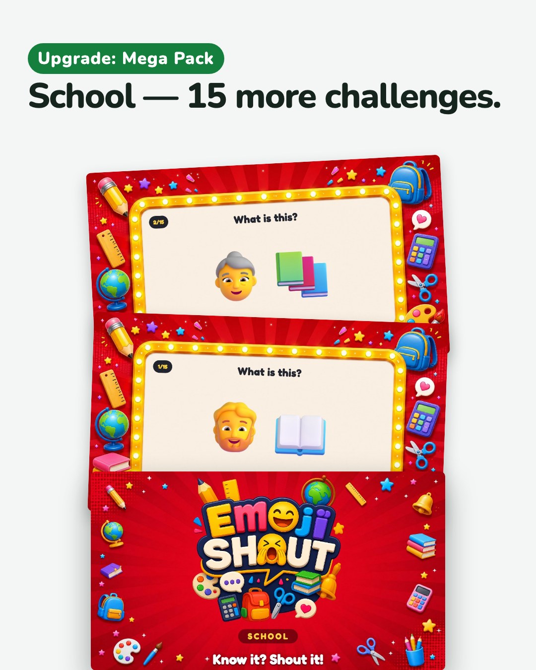 The School pack from the Mega Pack: its cover and three of its challenges