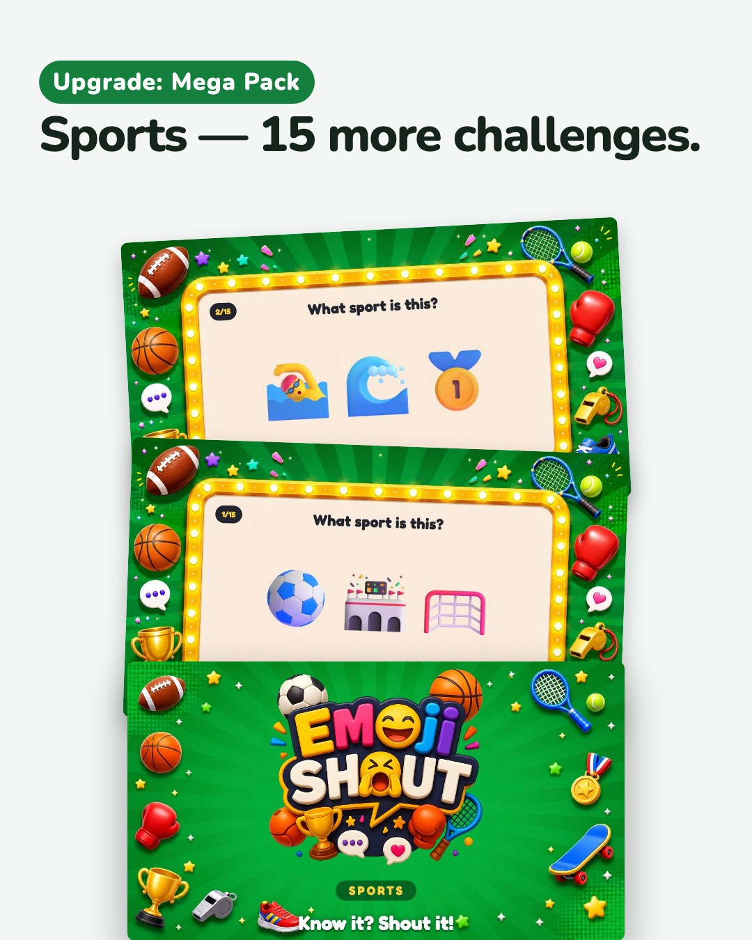 The Sports pack from the Mega Pack: its cover and three of its challenges