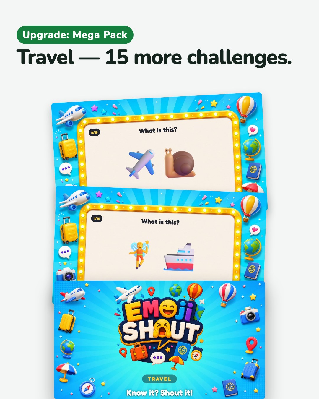 The Travel pack from the Mega Pack: its cover and three of its challenges